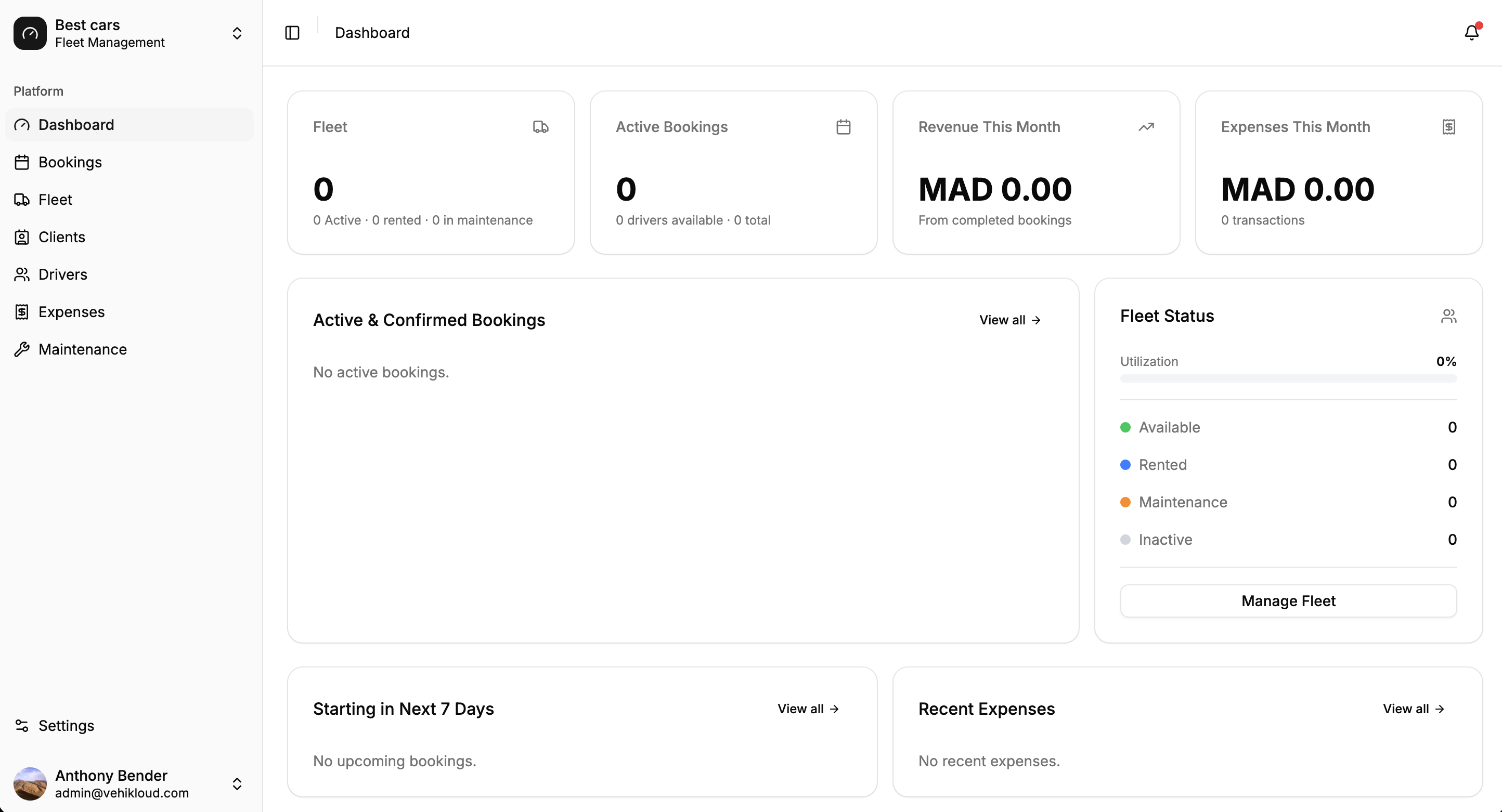 Vehikloud dashboard — fleet management overview